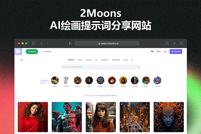 2Moons - 专业Midjourney和DALL-E绘画提示词分享平台，您AI绘画的终极灵感来源~