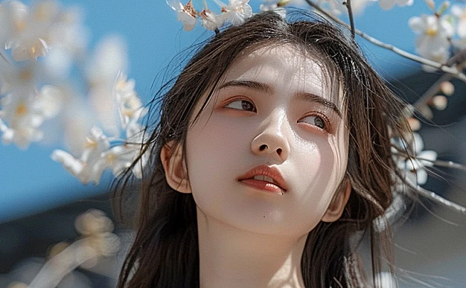 春日桃花树下中国女孩