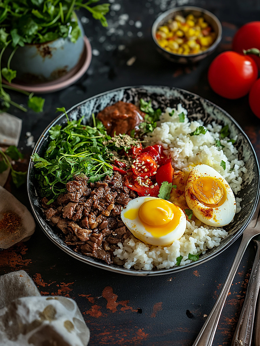 鸡蛋牛肉盖浇饭