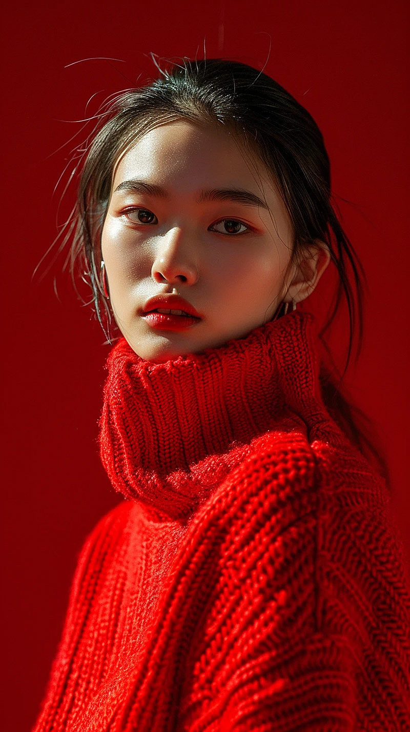 东方红色毛衣女子