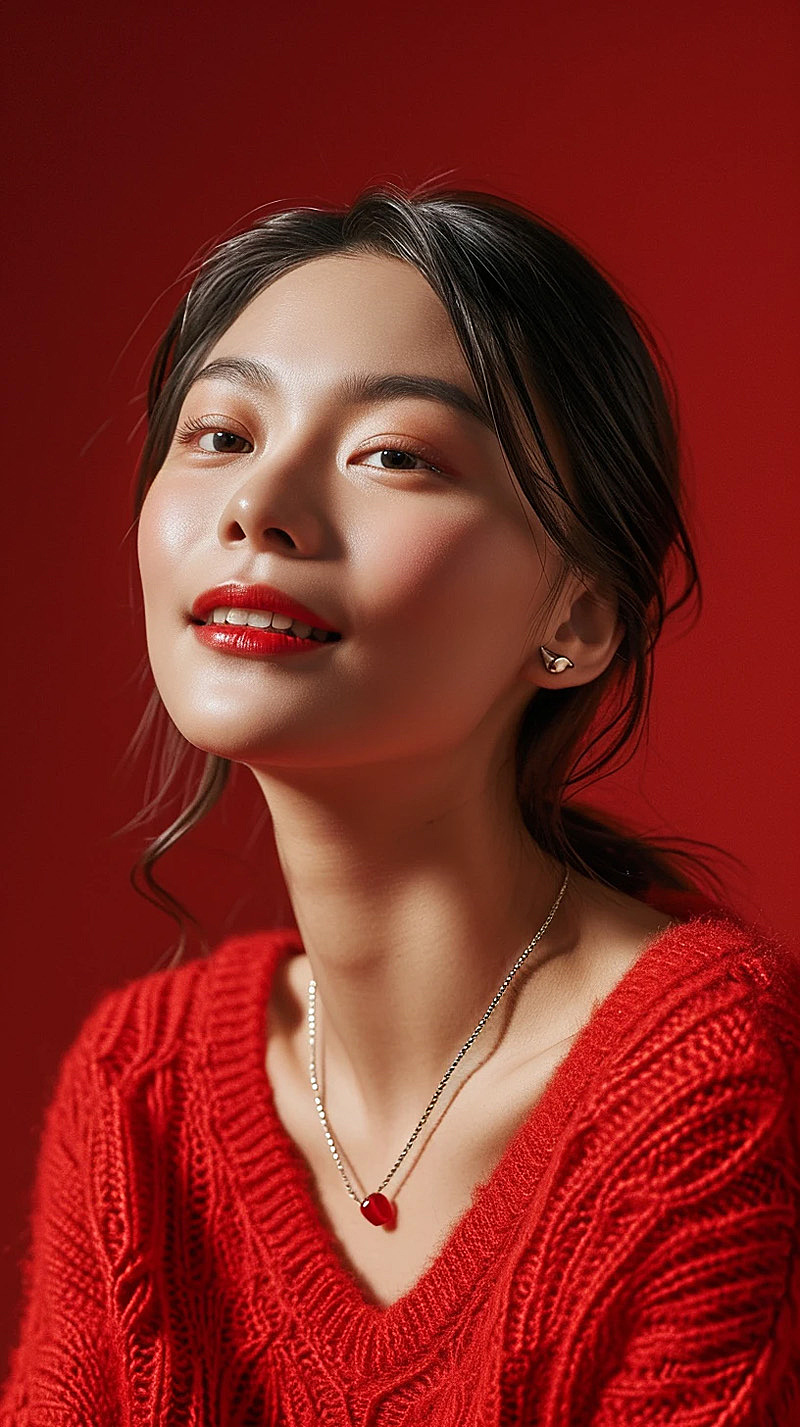 东方红色毛衣女子