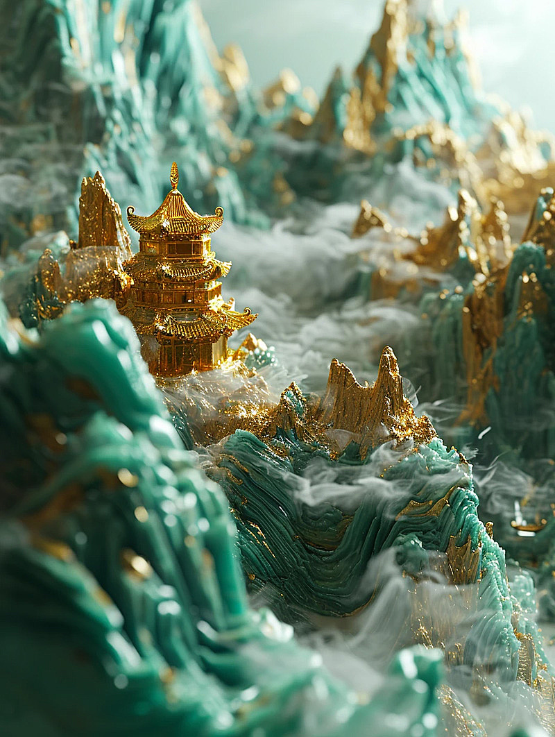 玉雕群山，中式古建筑
