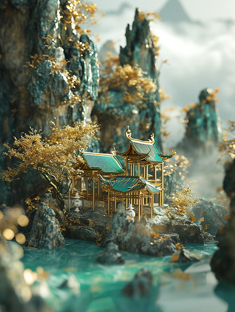 玉雕群山，中式古建筑