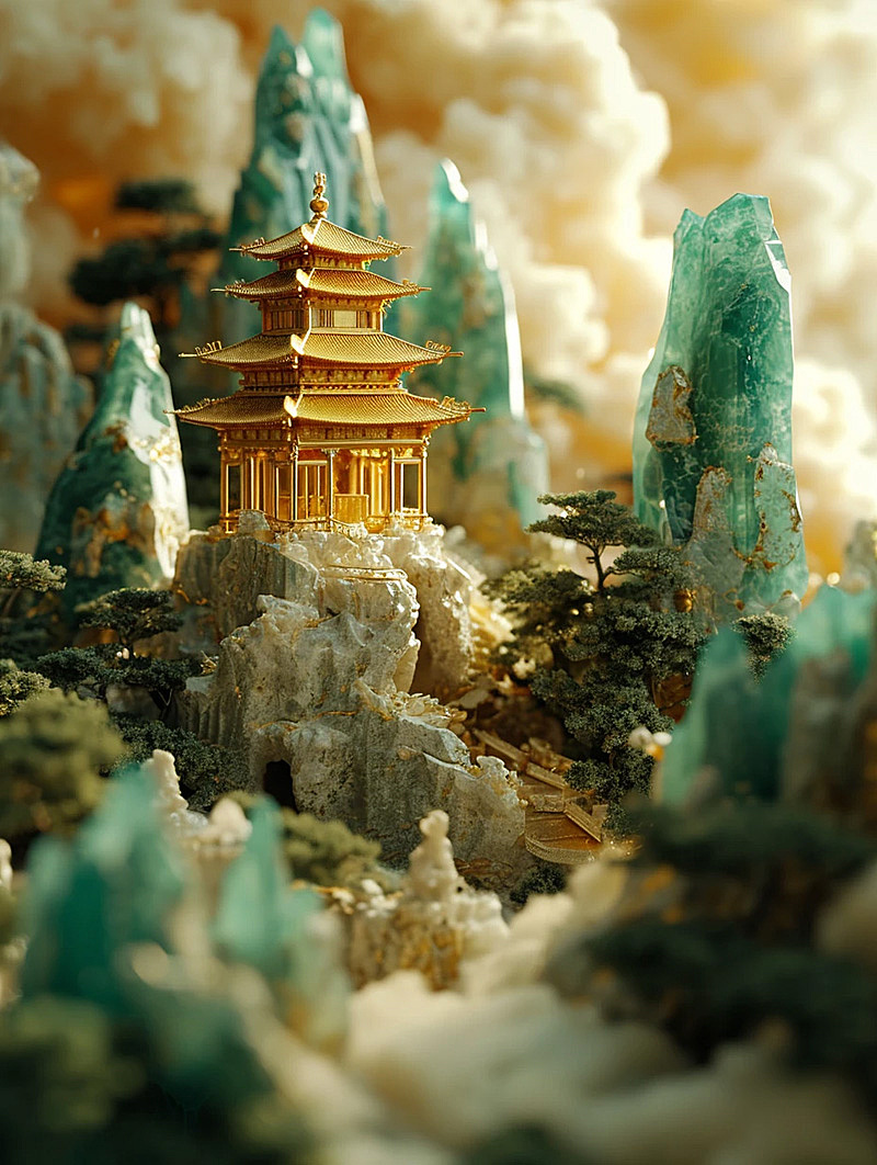 玉雕群山，中式古建筑