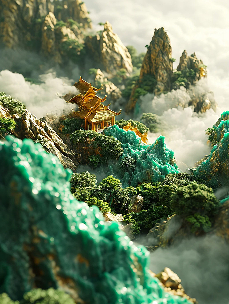 玉雕群山，中式古建筑