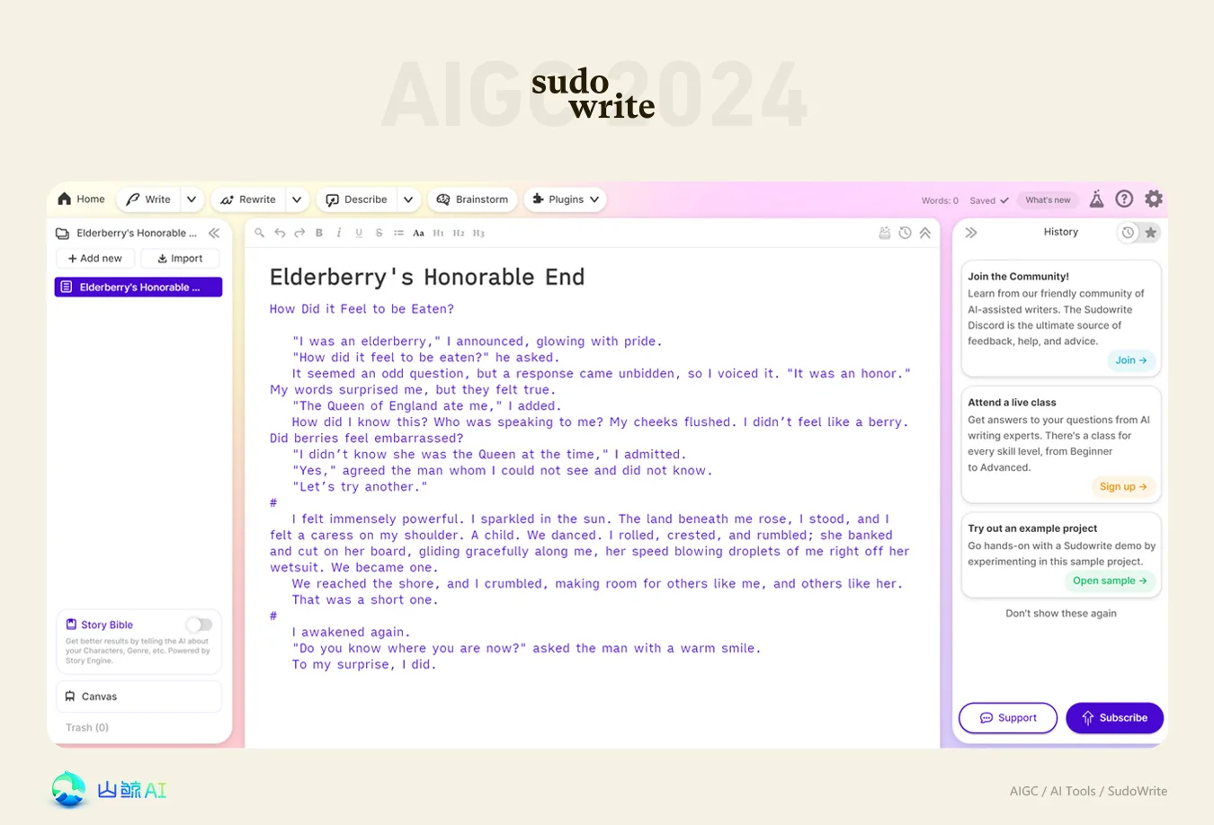 SudoWrite - 全能型小说剧本写作AI工具，用AI让写作变得如此简单，几天完成一部小说不是梦~