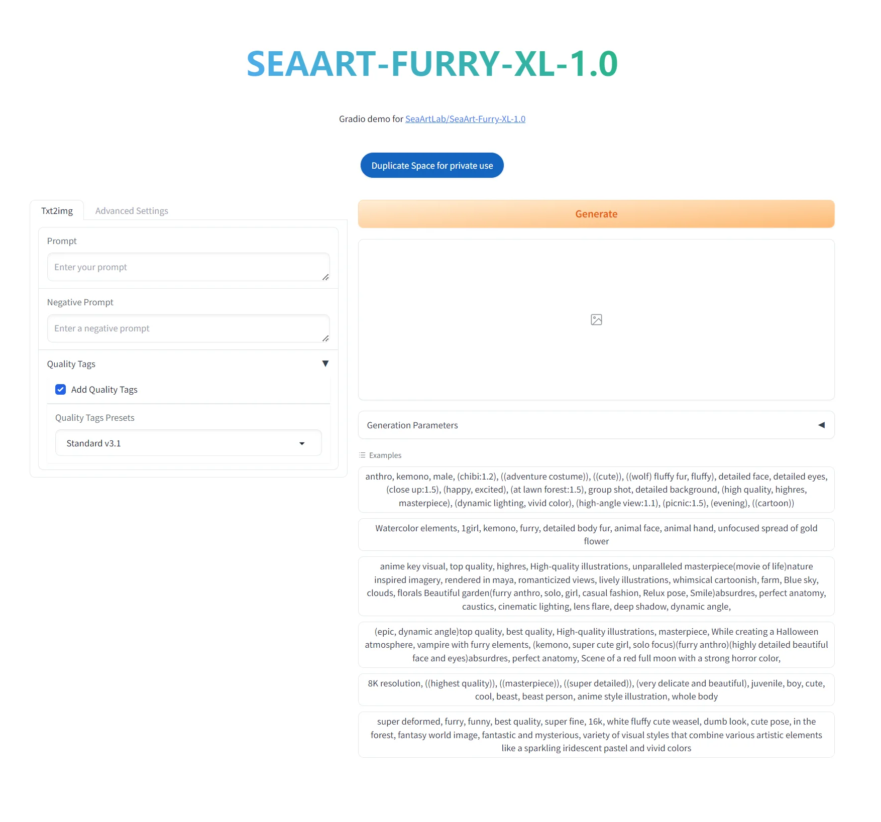 SeaArt-Furry-XL-1.0 - 高质量毛绒绒卡通动漫人物插画生成AI绘画工具，海艺AI旗下开源项目，本地部署，一键生成~